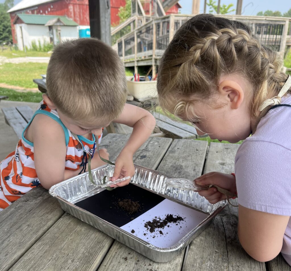 Preschoolers sifting through soil 